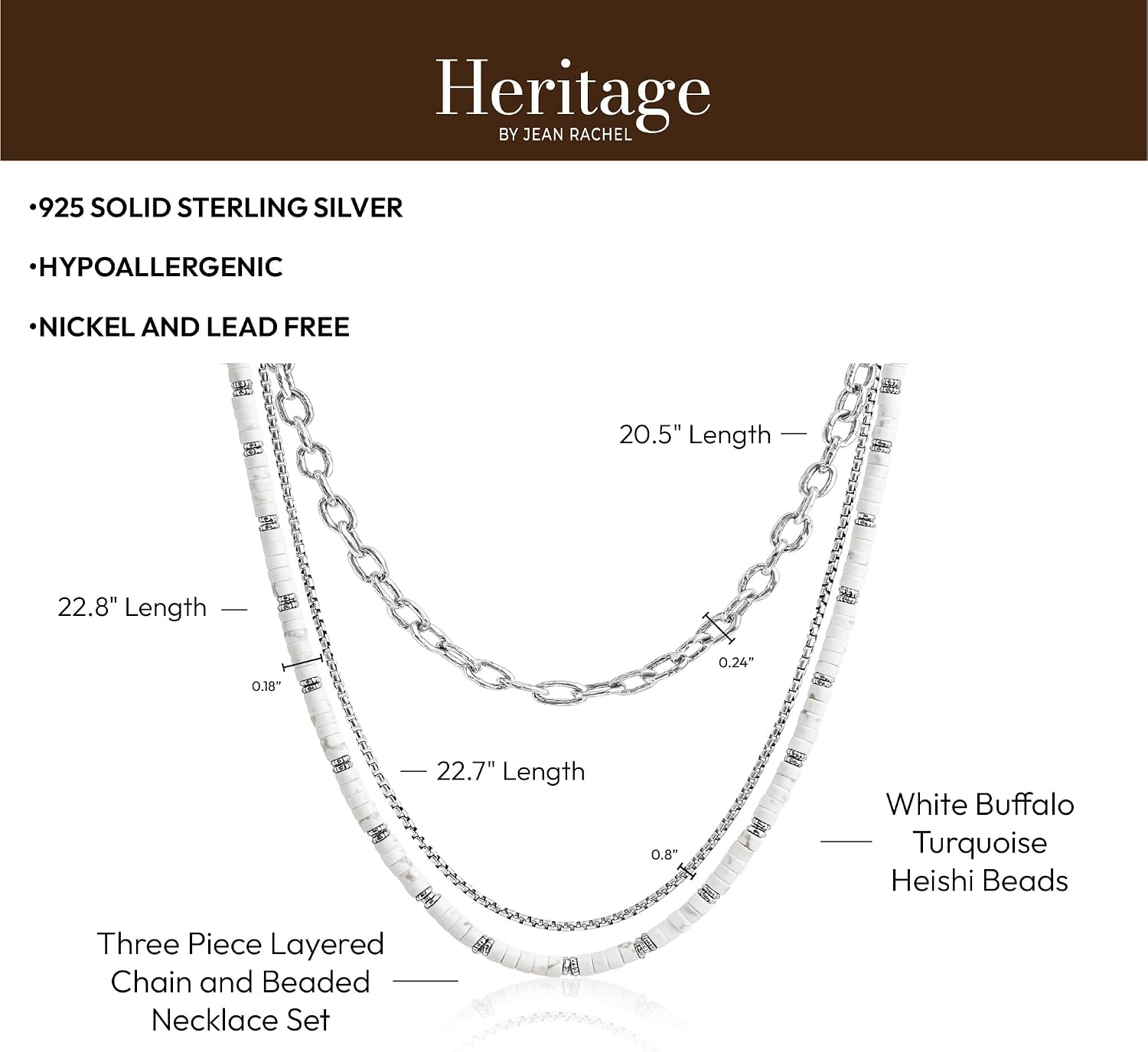 JEAN RACHEL JEWELRY Men's 3-Piece Necklace Layering Set - Hammered Link Chain, Sleek Box Chain & White Buffalo Turquoise Beads - Refined Bundle