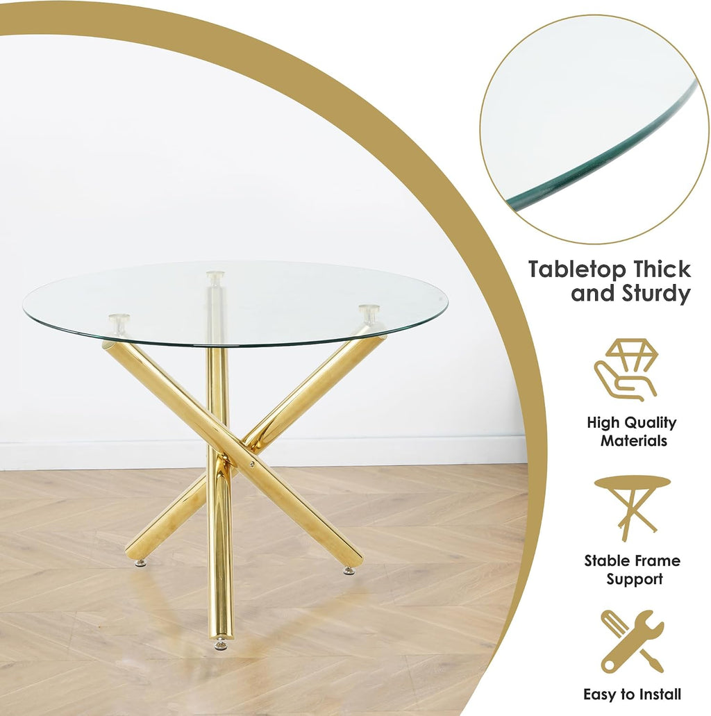 3 Piece Clear Round Glass Top Dining Set, 39'' Mid Century Modern Circle Dinner Room Set, 2 Person Luxury Circular Kitchen Table Set, Black High-end Tufted Chairs, for Small Apartment (Gold)