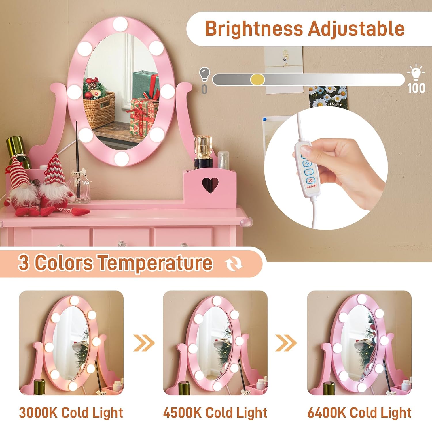 Karl home Kids Vanity Table and Chair Set, Princess MDF Dressing Table with 3-Color LED Lighted Mirror and 3 Drawers, Lovely Waved Design for Toddler's Bedroom and Playroom Decor, Macaroon Pink