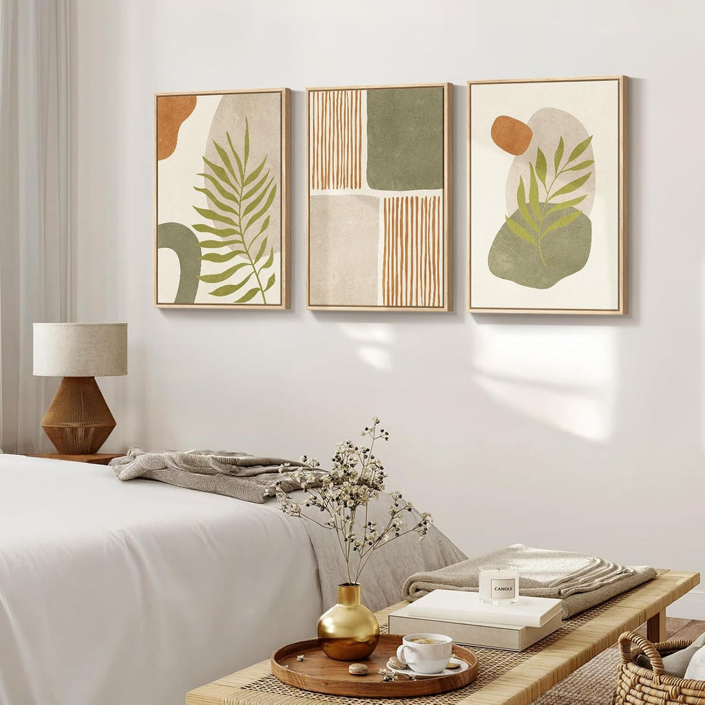 Large Framed Tropical Boho Wall Art for Living Room, 3 Piece Mid Century Modern Sage Green Canvas Artwork for Walls, Bohemian Prints Pictures Wall Decor for Bedroom Home Office Hallway, 20x30 Inch