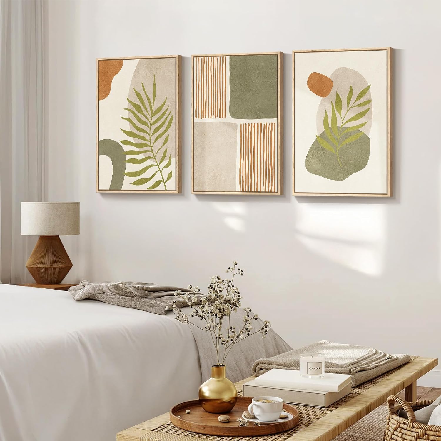 Large Framed Tropical Boho Wall Art for Living Room, 3 Piece Mid Century Modern Sage Green Canvas Artwork for Walls, Bohemian Prints Pictures Wall Decor for Bedroom Home Office Hallway, 20x30 Inch