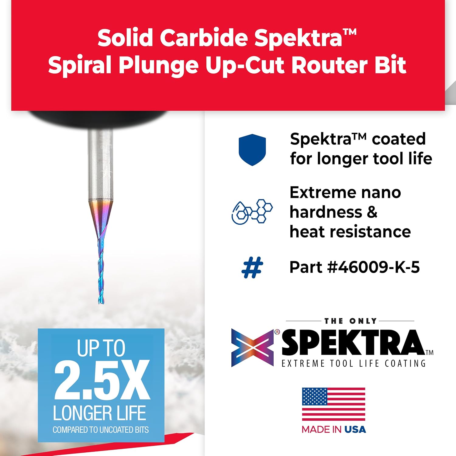 Amana Tool 46009-K-5 5-Pack SC Spektra Extreme Tool Life Coated Spiral Plunge 1/16 Dia x 1/2 CH x 1/4 SHK 2 Inch Long Up-Cut Router Bits