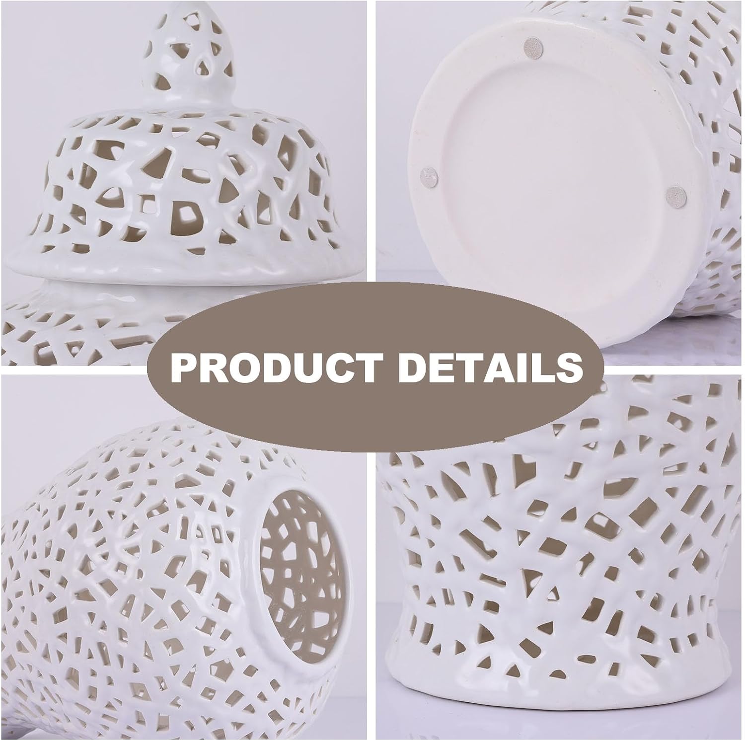 White Pierced Ginger Jar Vase with Lid - 15.7' Tall White Decorative Ceramic Jar for Home Decor, Centerpiece for Living Room, Dining Room, Entryway, or Office, Large White Vase for Flowers