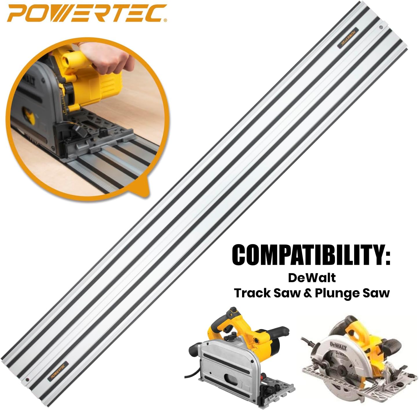 POWERTEC 110' Track Saw Guide Kit for DeWalt, Includes 2PK 55' Guide Rails, 1PK Guide Rail Connector, and 2PK 5-3/8' Track Saw Clamps (72060)