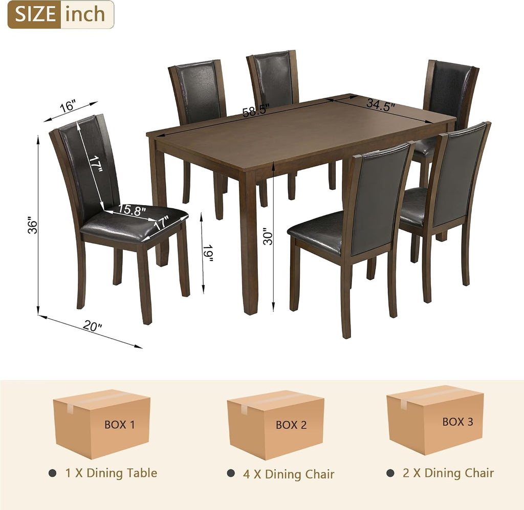 LUMISOL 7-Piece Modern Dining Table Set with Upholstered Chairs of 6, Wooden Rectangular Table for 6-8 People, Farmhouse Kitchen Set for Restaurant, Walnut