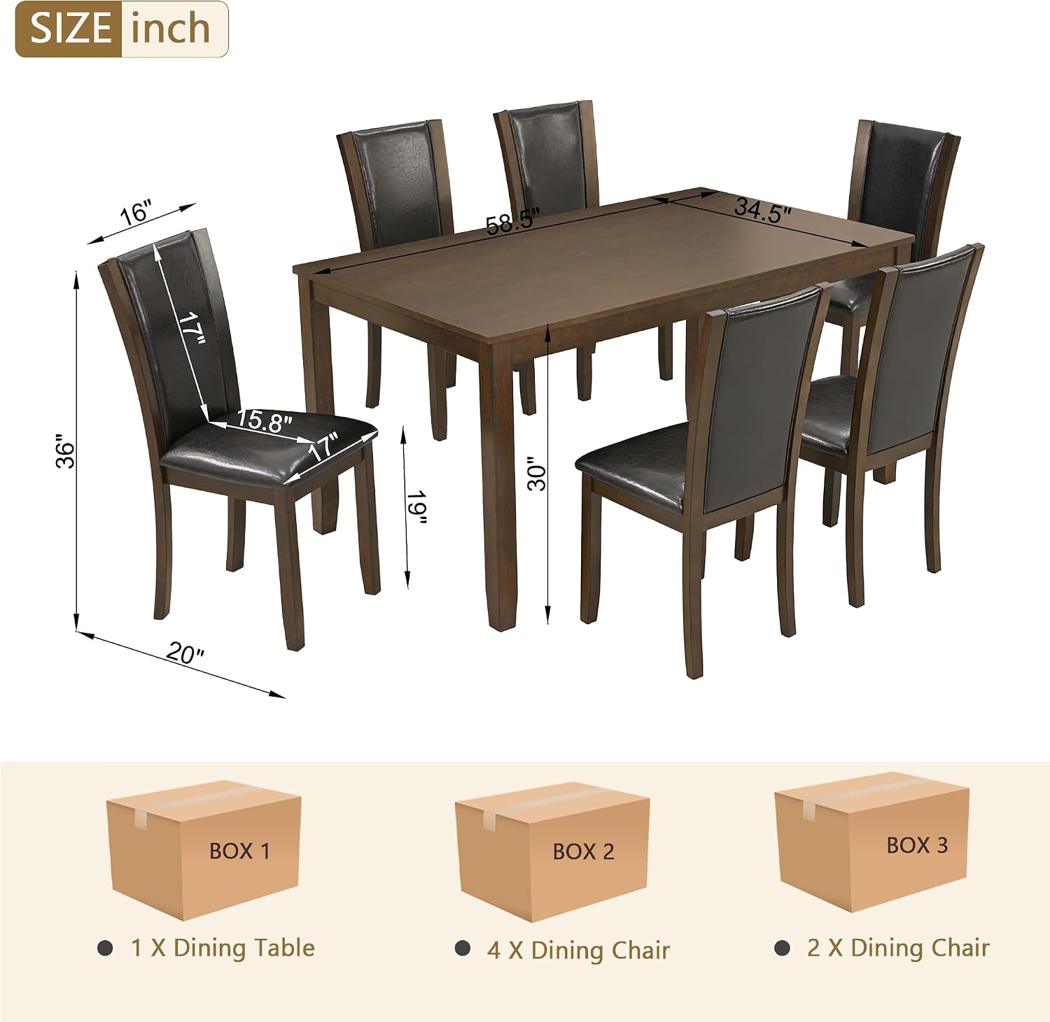 LUMISOL 7-Piece Modern Dining Table Set with Upholstered Chairs of 6, Wooden Rectangular Table for 6-8 People, Farmhouse Kitchen Set for Restaurant, Walnut