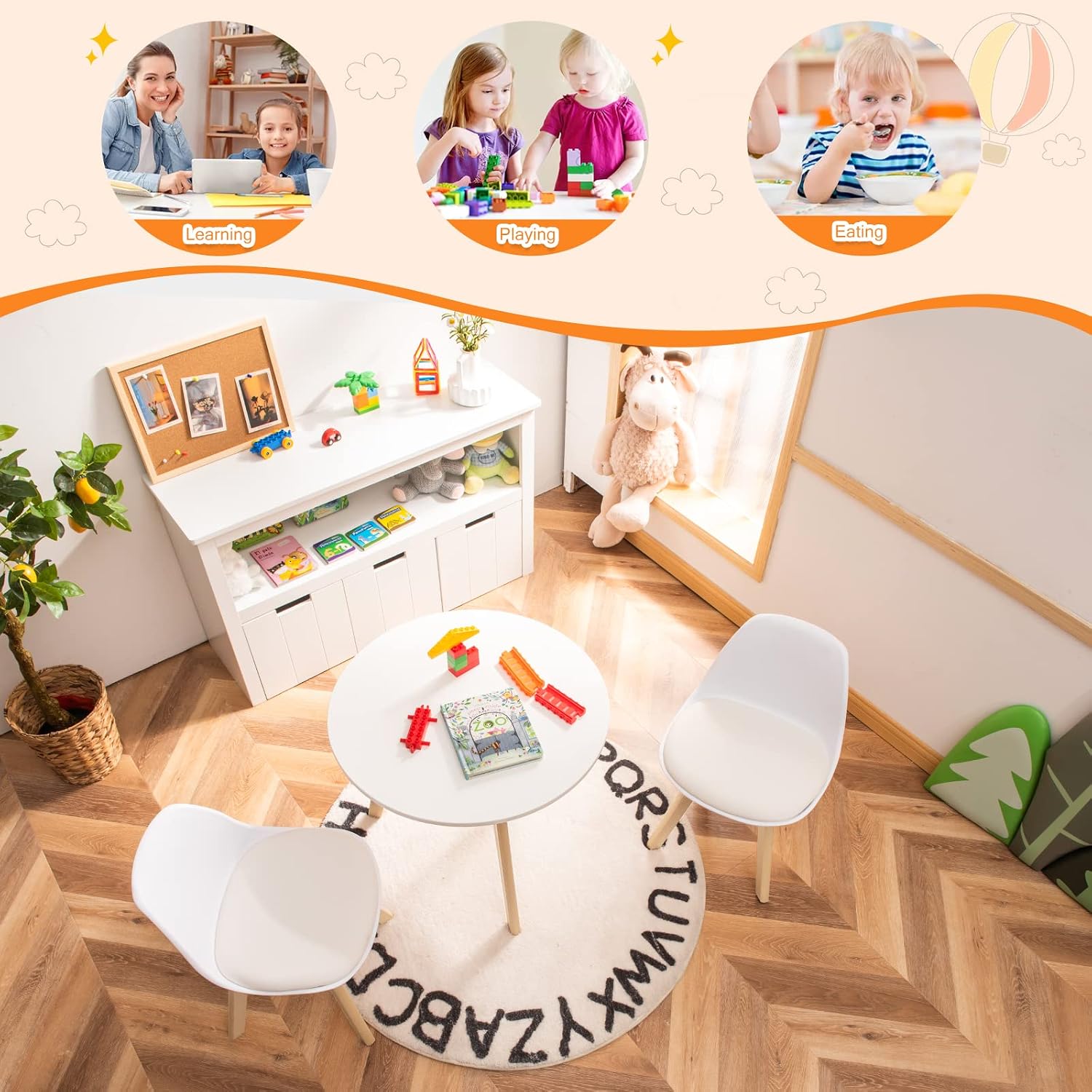 Costzon Kids Table and Chair Set, 3 PCS Wood Activity Play Table w/Padded Seat & Wood Legs for Arts, Crafts, Reading, Preschool, Kindergarten, Playroom, Mid Century Modern Toddler Table and Chairs