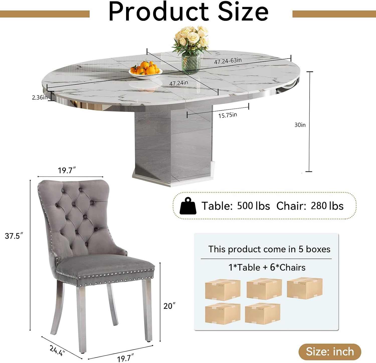 7 Pieces 47'-63' White Faux Marble Extendable Dining Table Set, Round Expanding Kitchen and Dining Room Table Set for 6 with Mirrored Acrylic Base & Grey Velvet Upholstered Chairs