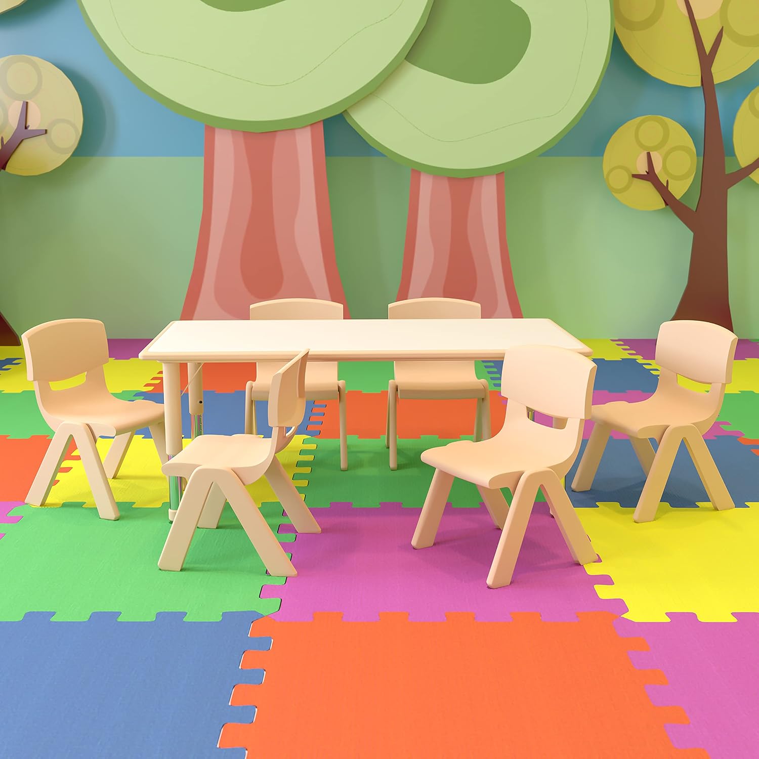 EMMA + OLIVER 23.625' W x 47.25' L Rectangle Natural Plastic Activity Table Set with 6 Chairs