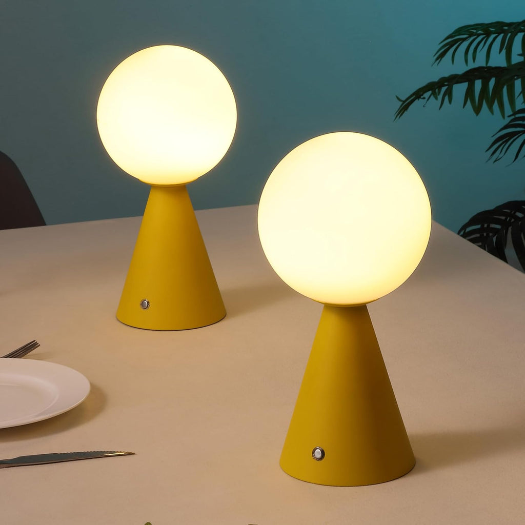 JONATHAN Y 11.75' Yellow Macie Modern Globe Cordless Table Lamp Set of 2, Rechargeable Dimmable Integrated LED Touch Sensor Bedside Lamp, White Frosted Glass Shade JYL7159A-SET2