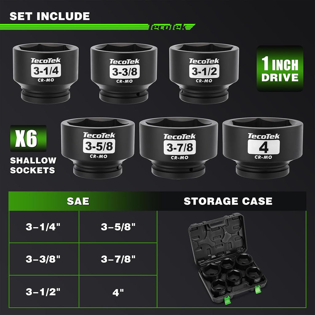 TecoTek 1' Drive Jumbo Shallow Impact Socket Set, 6-Piece Jumbo Assortment, SAE, 3-1/4 Inch to 4 Inch, CR-MO Steel with Case