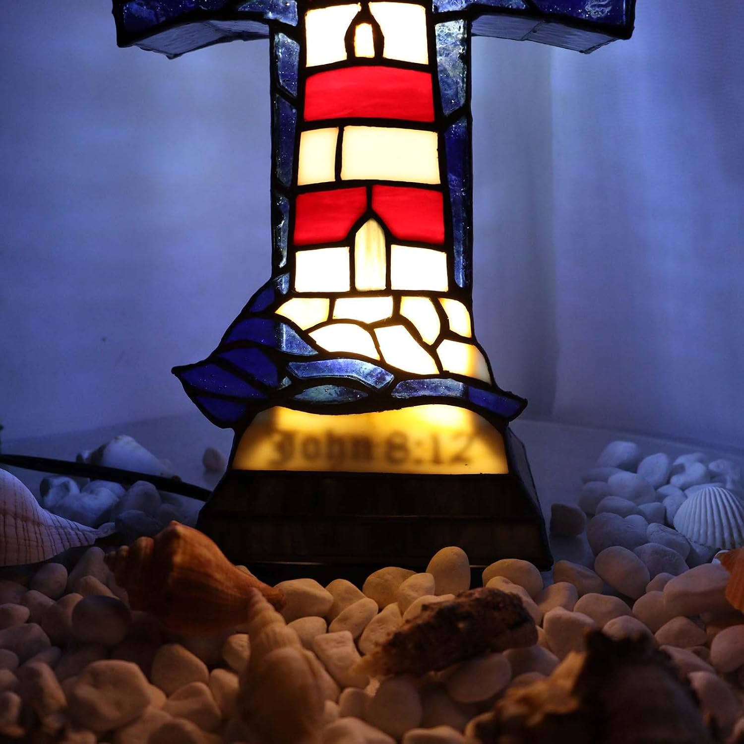 Bieye L12020 Christian Cross Tiffany Style Stained Glass Table Lamp for Home Décor (Lighthouse)