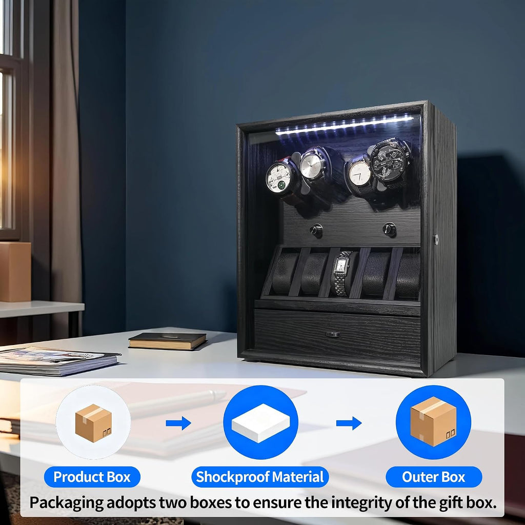 Oryx Watch Winder for 4/6/9 Automatic Watches, Rotating Watch Box 5 Rotation Modes Display Case with Extra Watches Holders and Jewelry Storage, Lockable Winders LED Light USB/AC Powered Mabuchi Motor