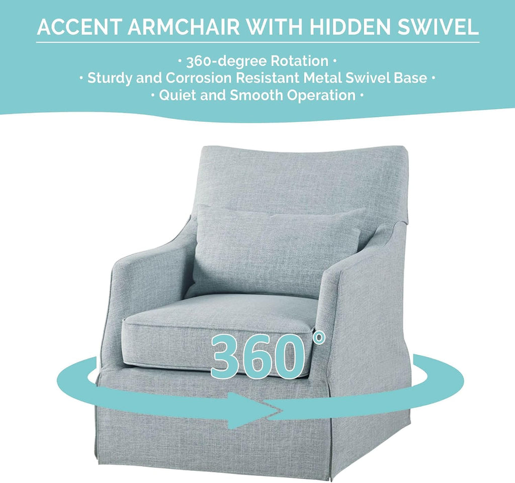 Martha Stewart London Swivel Chair - Solid Wood & Plywood, Skirted Metal Base Accent Armchair, Lumbar Pillow -Modern Classic Family Room Sofa Furniture Bedroom Lounge, 28'X31.5'X35.25', Light Blue