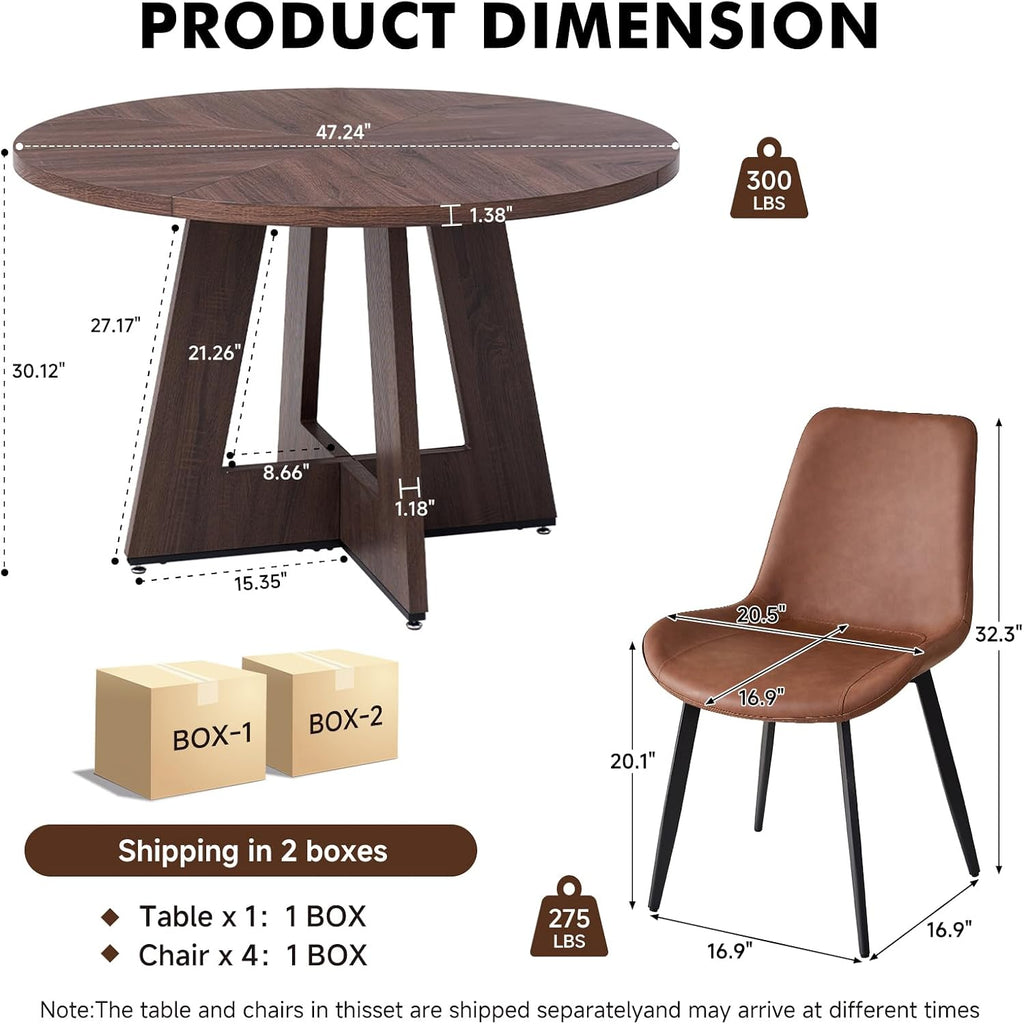 47 inch Round Dining Table Set for 4 Kitchen Table and Chairs Set Mid-Century Modern Kitchen Tables with Upholstered Synthetic Leather Chairs of 4(Walnut Table with 4 Brown Chairs)