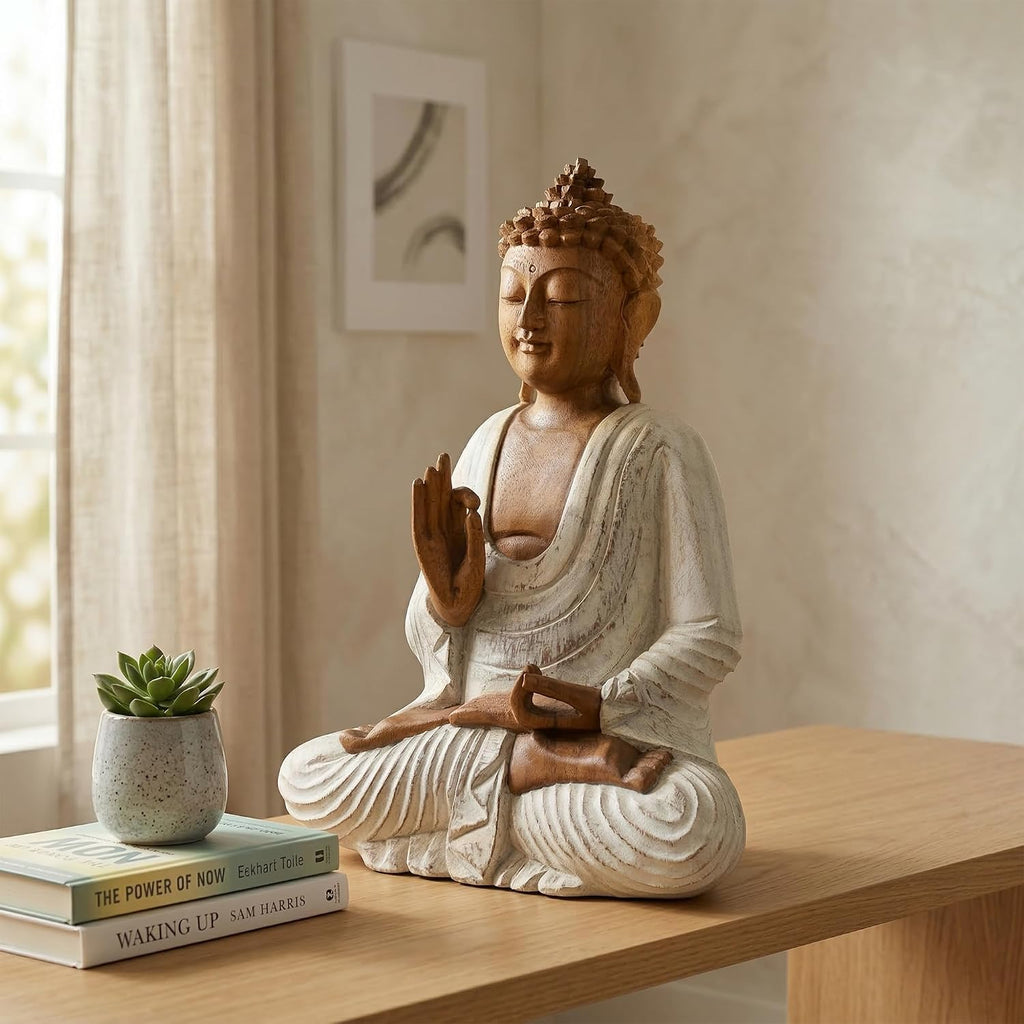 G6 Collection Wooden Serene Meditating Sitting Buddha Art Statue Hand Carved Sculpture Home Decor (16' Tall – Whitewashed)
