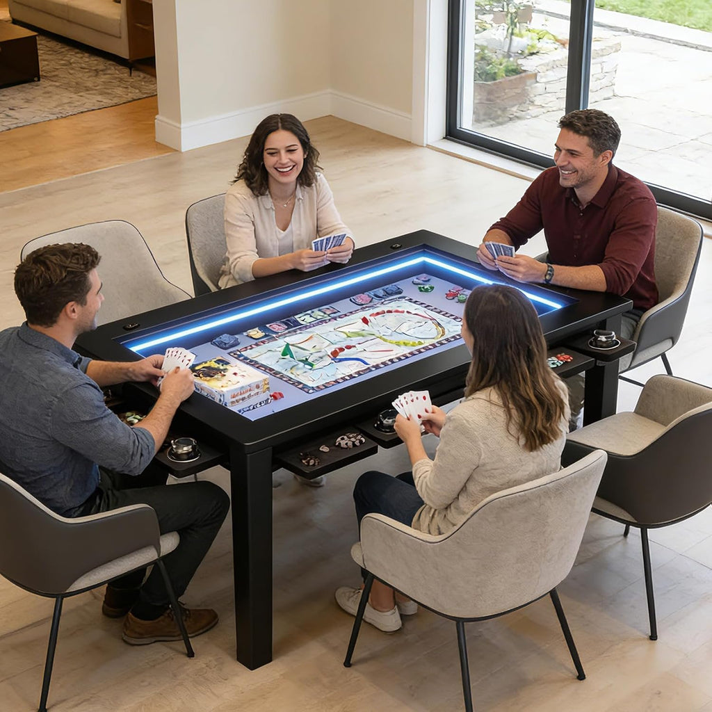 Haddockway Board Game Table with Adjustable Led Lights, 53.7in x 30.7in Play Area Removable Table Top Dining/Gaming Table with Charge Station, Play Mat, 6 Cup Holders & Trays (Black)