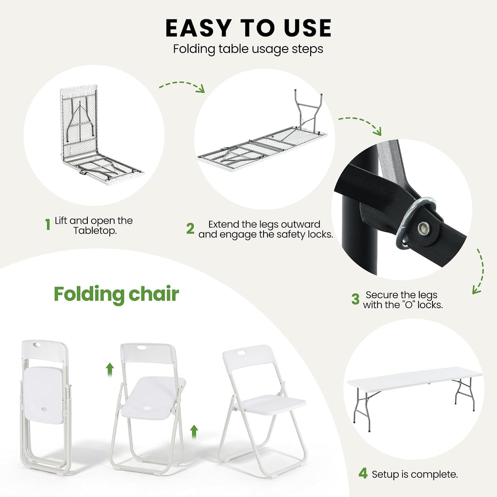 8FT Foldable Table Set with 10 Pack Plastic Folding Chairs, Heavy Duty 350 lbs Folding Table & Folding Chairs, Portable Foldable Furniture Bundle for Parties, Wedding, Events, Indoor & Outdoor