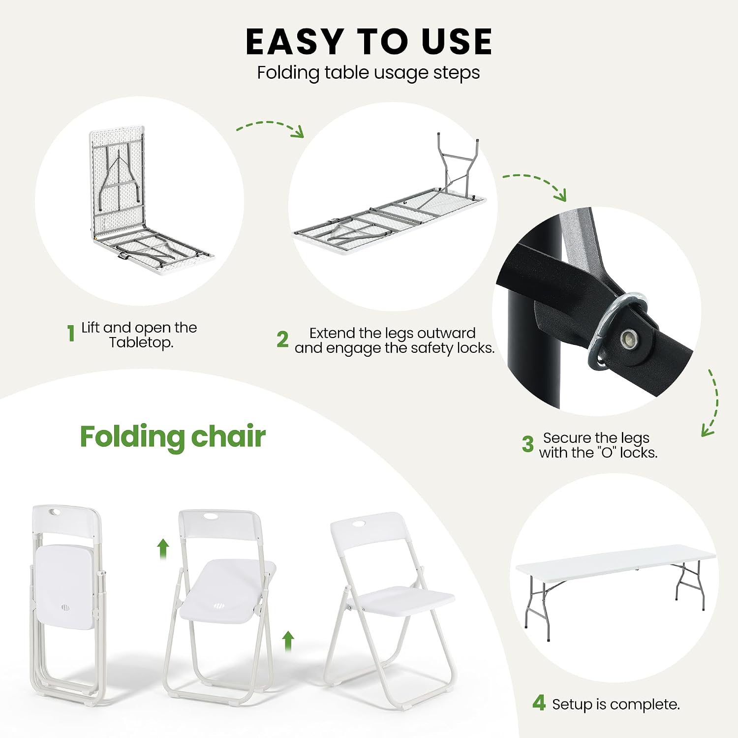 8FT Foldable Table Set with 10 Pack Plastic Folding Chairs, Heavy Duty 350 lbs Folding Table & Folding Chairs, Portable Foldable Furniture Bundle for Parties, Wedding, Events, Indoor & Outdoor