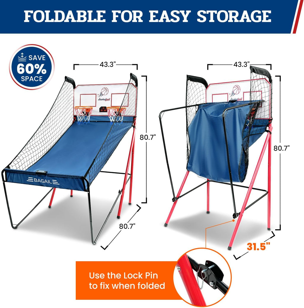 BAGAIL Basketball Arcade Game, Electronic Basketball Shooting Game with 8 Game Modes, Arcade Sounds, Foldable Frame, 4 Balls, Inflation Pump, Ideal Indoor Sport Games for All Players - Dual Shots