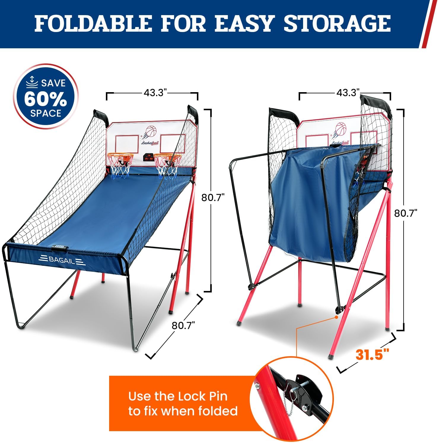 BAGAIL Basketball Arcade Game, Electronic Basketball Shooting Game with 8 Game Modes, Arcade Sounds, Foldable Frame, 4 Balls, Inflation Pump, Ideal Indoor Sport Games for All Players - Dual Shots