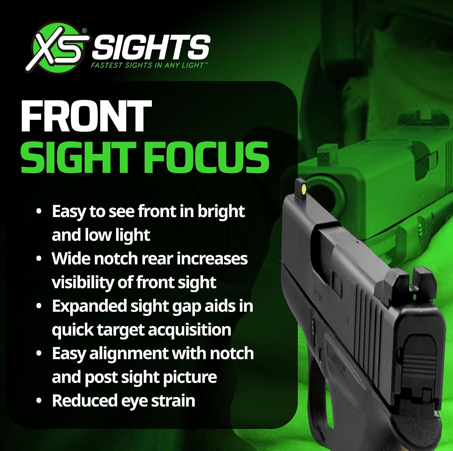 XS SIGHTS F8 Night Sight for Pistols, Large Tritium Front Sight for Fast Acquisition, Wide U-Notch Rear Sight, High Visibility, Easy Alignment