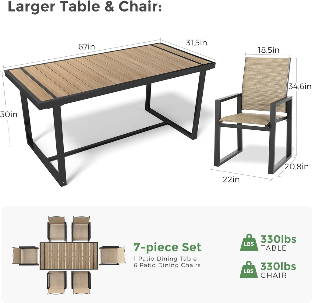 Jocoevol 7 Piece Patio Dining Set for 6, Outdoor Furniture Set Includes 67' Rectangle Patio Table and 6 Textilene Dining Chairs, Outdoor Table and Chairs for Outsides, Backyard, Garden and Poolside