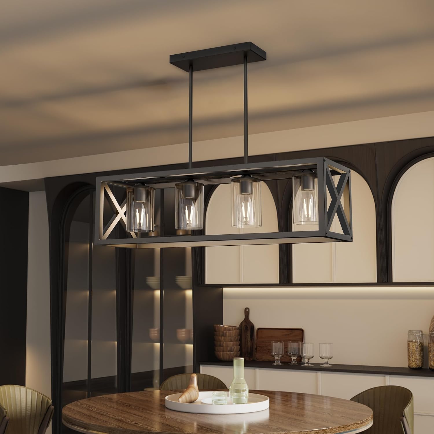 Farmhouse Dining Room Light Fixture - 4 Light Kitchen Island Lighting with Adjustable Height & Thickened Metal Dining Room Light Fixture Over Table，Chandeliers for Dining Room&Kitchen Island