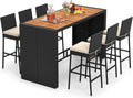 Tangkula 7 Piece Patio Wicker Bar Set, Patiojoy Outdoor Acacia Wood Bar Height Table & 6 Rattan Bar Stool Chairs with Backrest and Footrest, for Bistro Garden Balcony