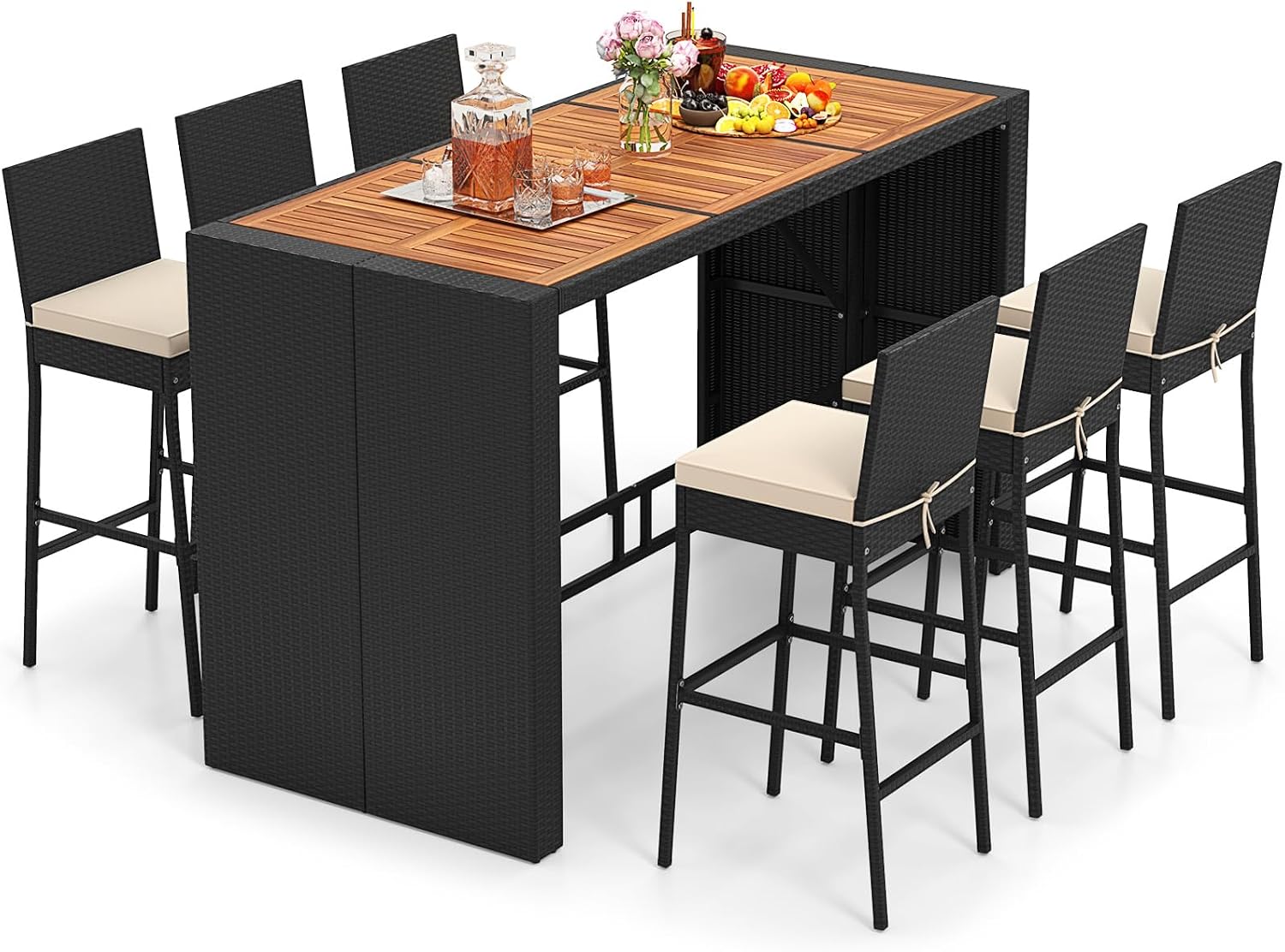 Tangkula 7 Piece Patio Wicker Bar Set, Patiojoy Outdoor Acacia Wood Bar Height Table & 6 Rattan Bar Stool Chairs with Backrest and Footrest, for Bistro Garden Balcony