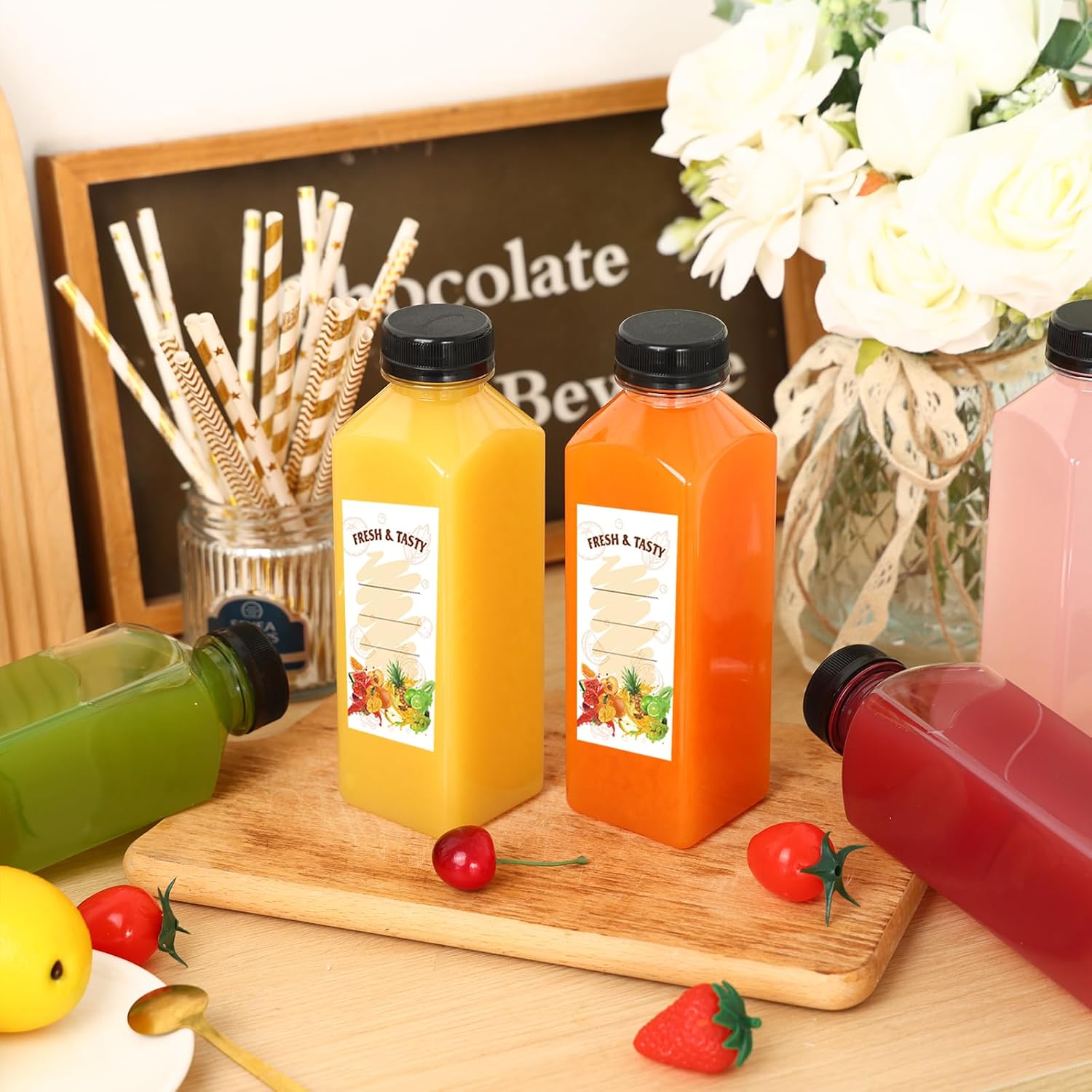 BAKHUK 216pcs 16oz Empty Plastic Juice Bottles with Caps, Plastic Water Bottles with Lids, Reusable Clear Bulk Beverage Containers for Juice, Milk and Other Beverages(2 Package)