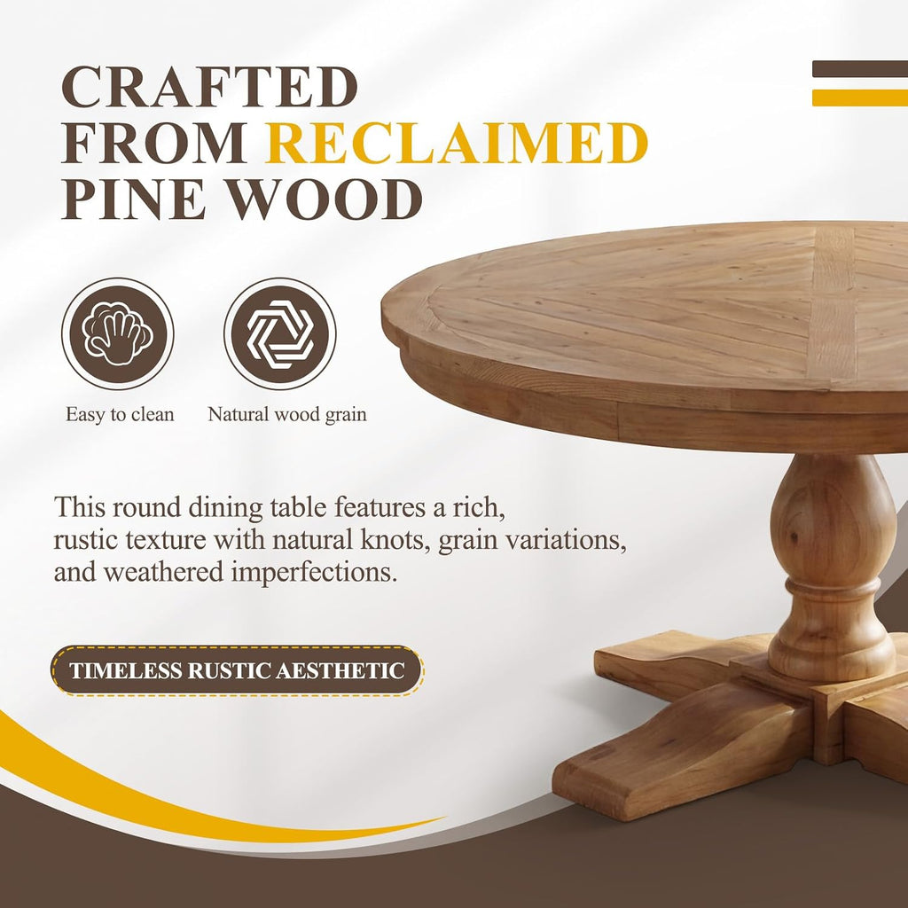 60' Round Dining Table, Reclaimed Wood Kitchen Table for 6-8, Farmhouse Circle Kitchen Table with Pedestal Curved Leg for Kitchen Dining Room Restaurant - Natural
