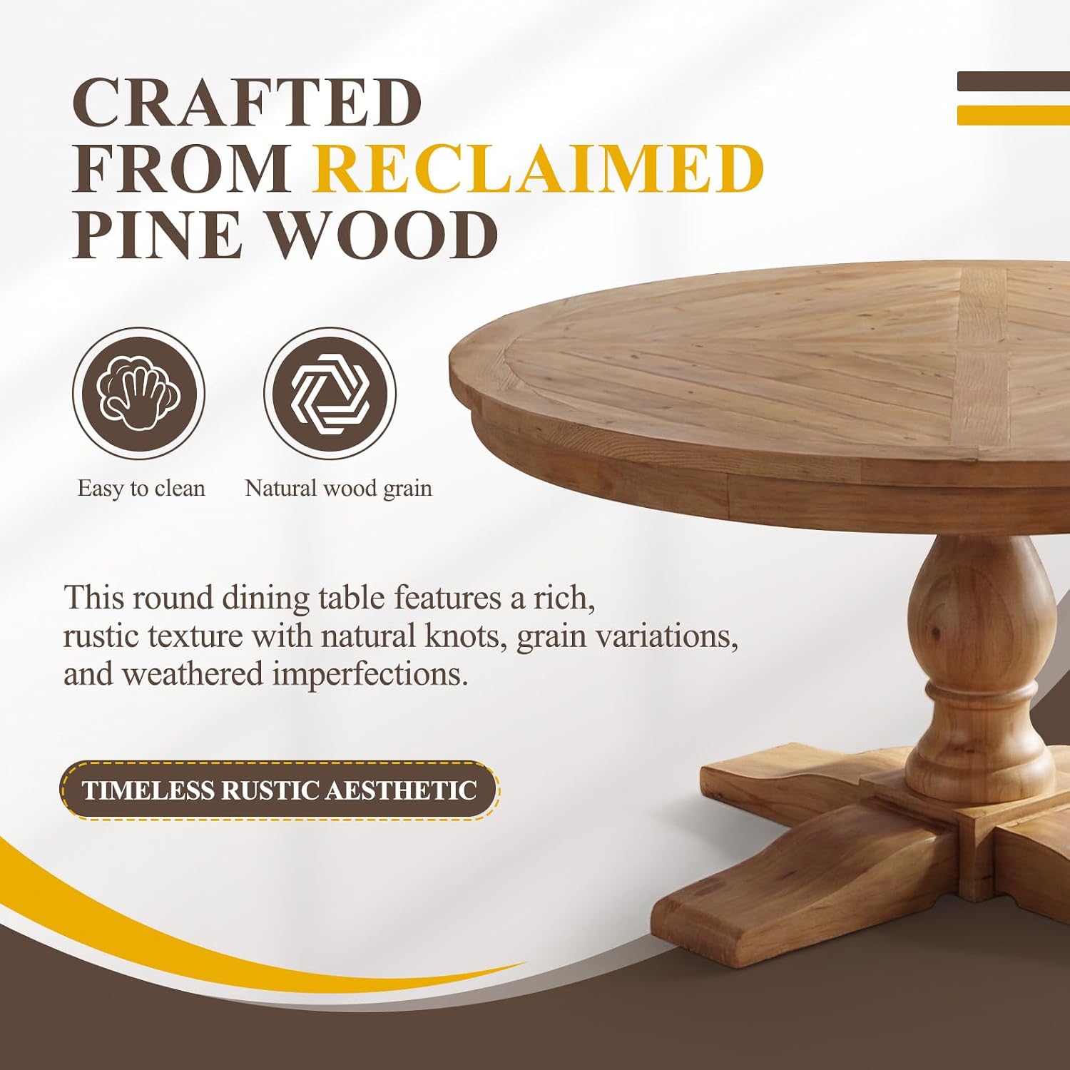 60' Round Dining Table, Reclaimed Wood Kitchen Table for 6-8, Farmhouse Circle Kitchen Table with Pedestal Curved Leg for Kitchen Dining Room Restaurant - Natural