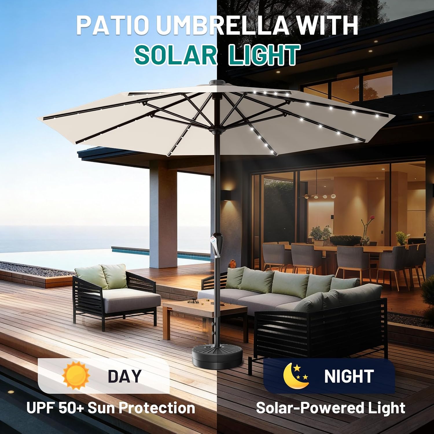 AreShark 12FT Large Patio Umbrella with Solar Lights, Solar Powered Outdoor Umbrella with Crank, Patio Table Market Umbrellas for Garden, Deck, Backyard, Pool and Beach, Cream-White