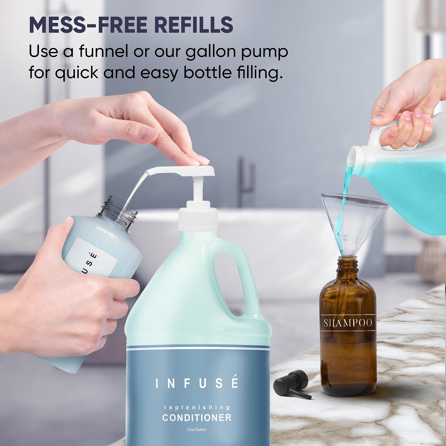 Terra Pure H2O Tropical Infuse Gallon & Dispenser Set | Shampoo, Conditioner, Body Wash Gallons | Refillable 10.14oz Pump Bottles