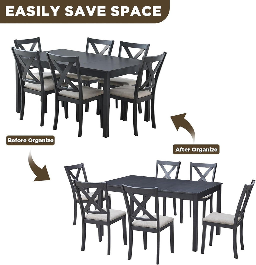 LUXOAK 7-Piece Solid Wood Dining Table Set, 60' Farmhouse Dining Table with 6 Chairs, Rectangular Table Set for 6, Kitchen & Dining Room Furniture, Grey & White