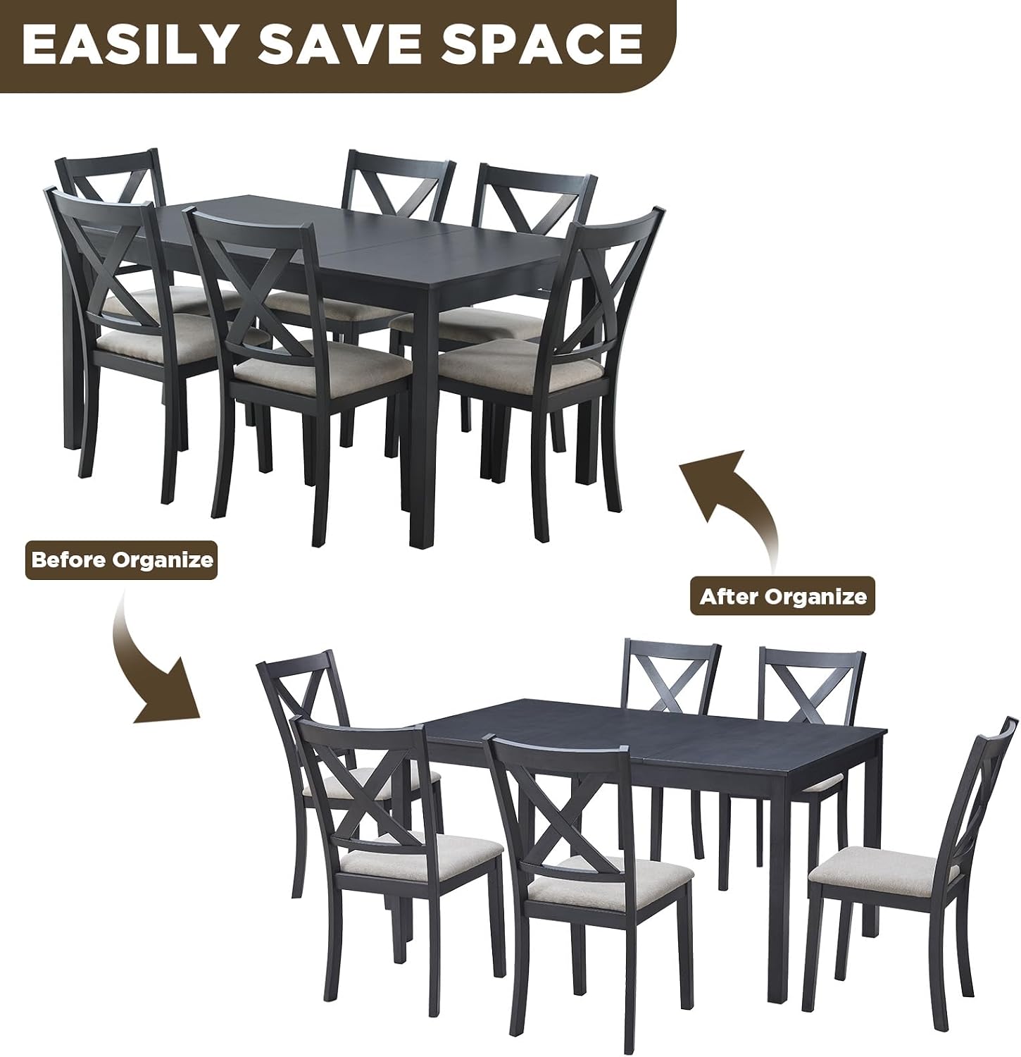 LUXOAK 7-Piece Solid Wood Dining Table Set, 60' Farmhouse Dining Table with 6 Chairs, Rectangular Table Set for 6, Kitchen & Dining Room Furniture, Grey & White