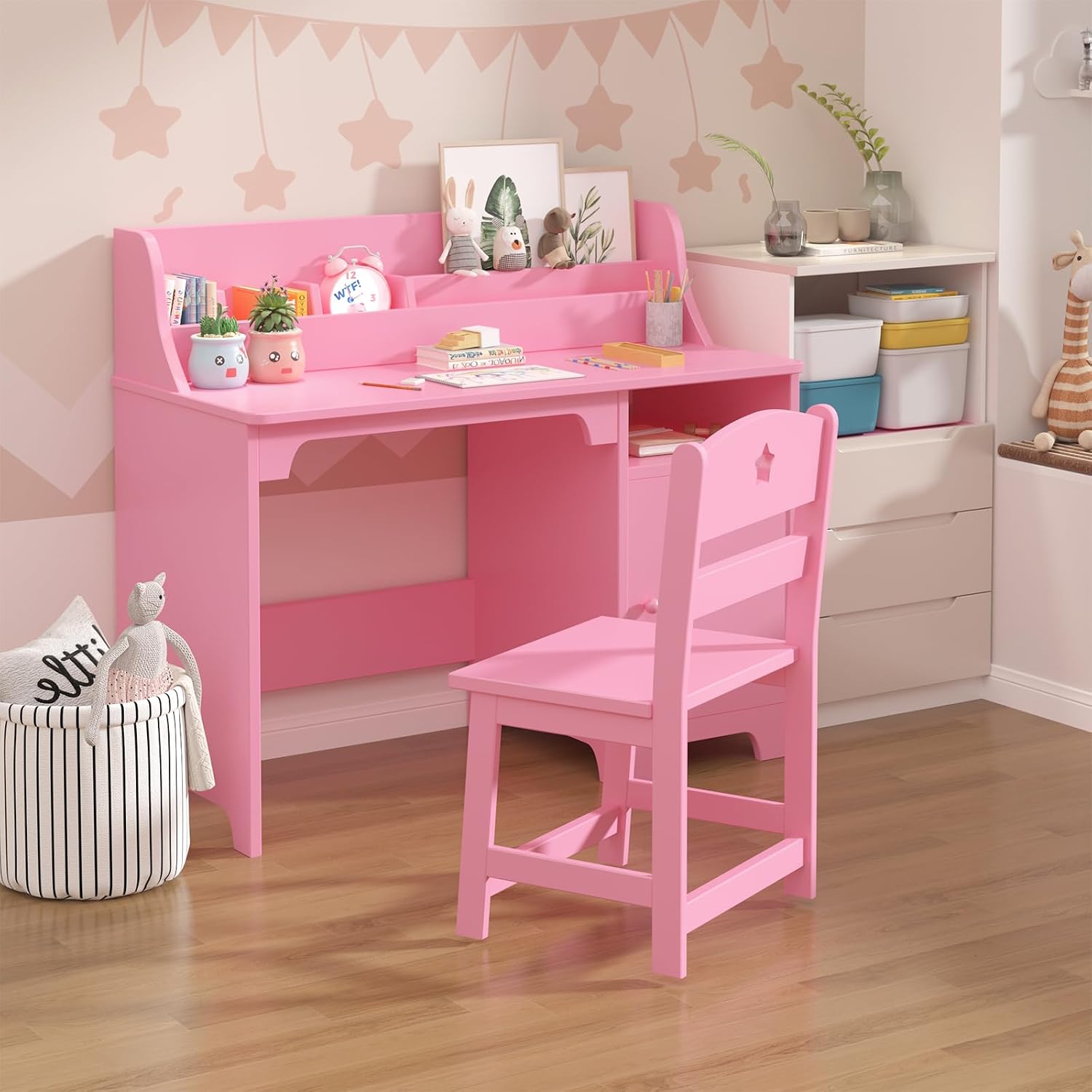 Kids Study Desk with Chair,Wooden Children Study Table, Kids Desk & Chair Sets with Hutch and Storage Cabinet for 3-12 Year Old, Student Writing Desk Computer Workstation for Kids Bedroom & Study Room