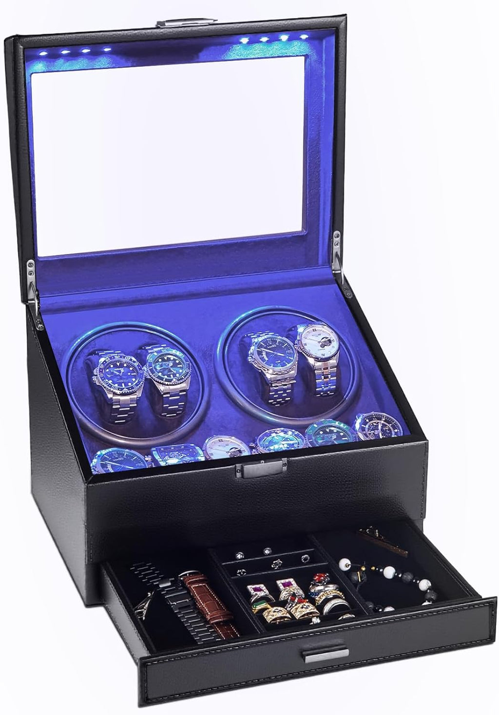 J&T Technology Watch Winder for 4 Automatic Watches, Watch Winder Box with Watch Holders and Jewelry Storage, Quiet Japan-Made Motor,LED Light,Gift for Men & Women