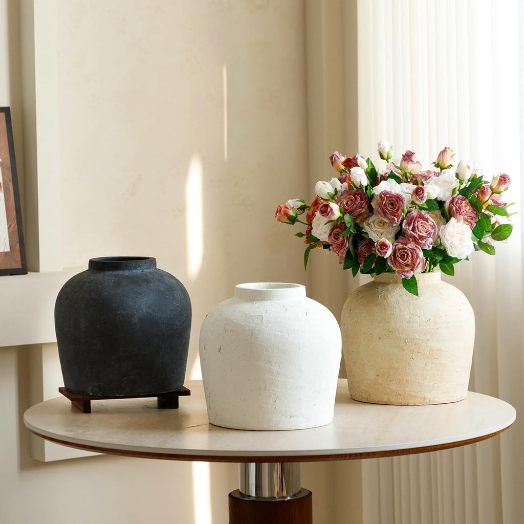Large Ceramic Vase, 11' Rustic Farmhouse Terracotta Vase for Home Decor, Artisan Decorative Flower Vase for Living Room, Table Centerpiece, Bedroom (Rustic White)