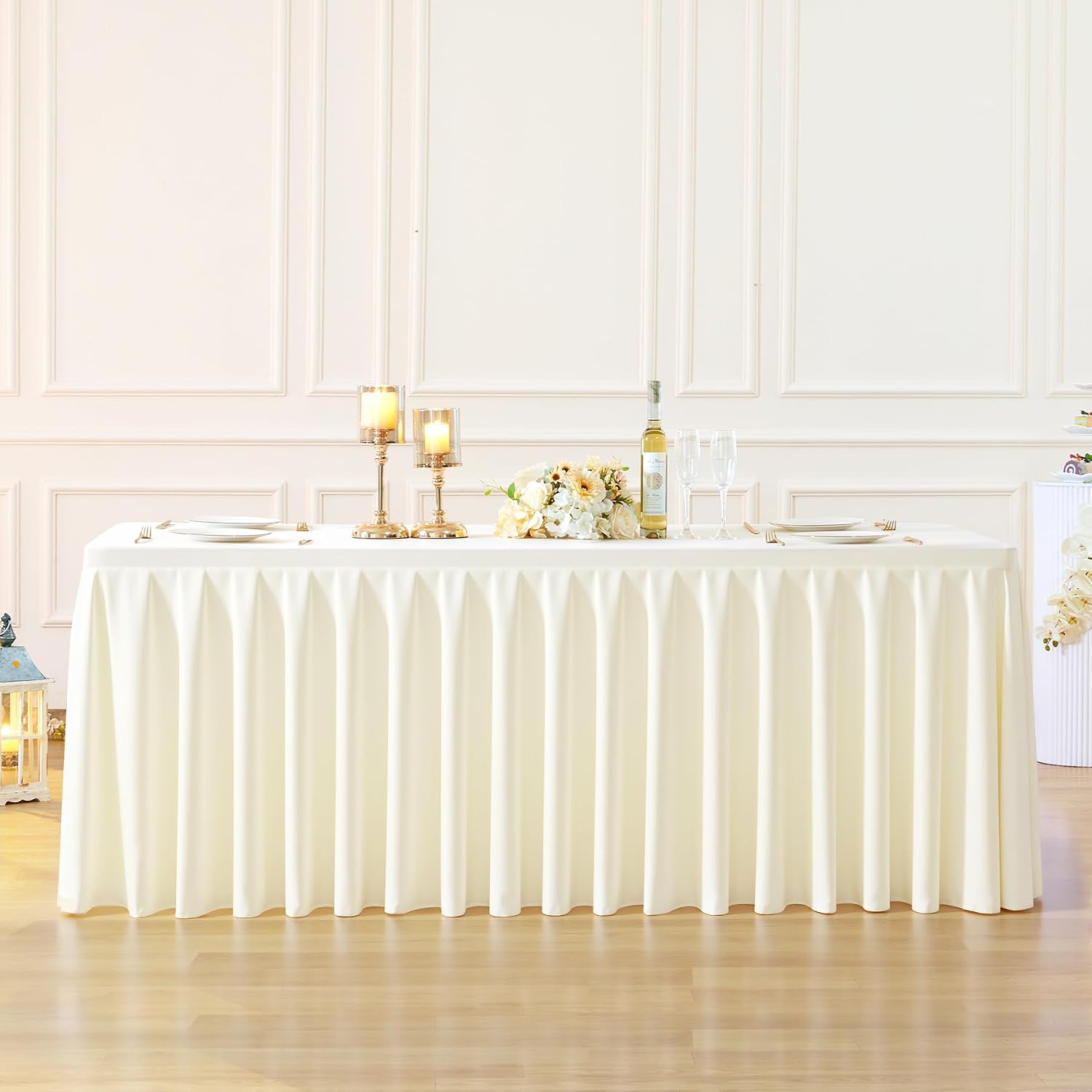 gogoparti Table Skirts for Rectangle Tables 6ft, 8 Pack Ivory Table Covers for 6 Foot Tables Wrinkle Free Stretch Table Cloths with Pleated Skirt Fabric for Banquet, Party, Wedding