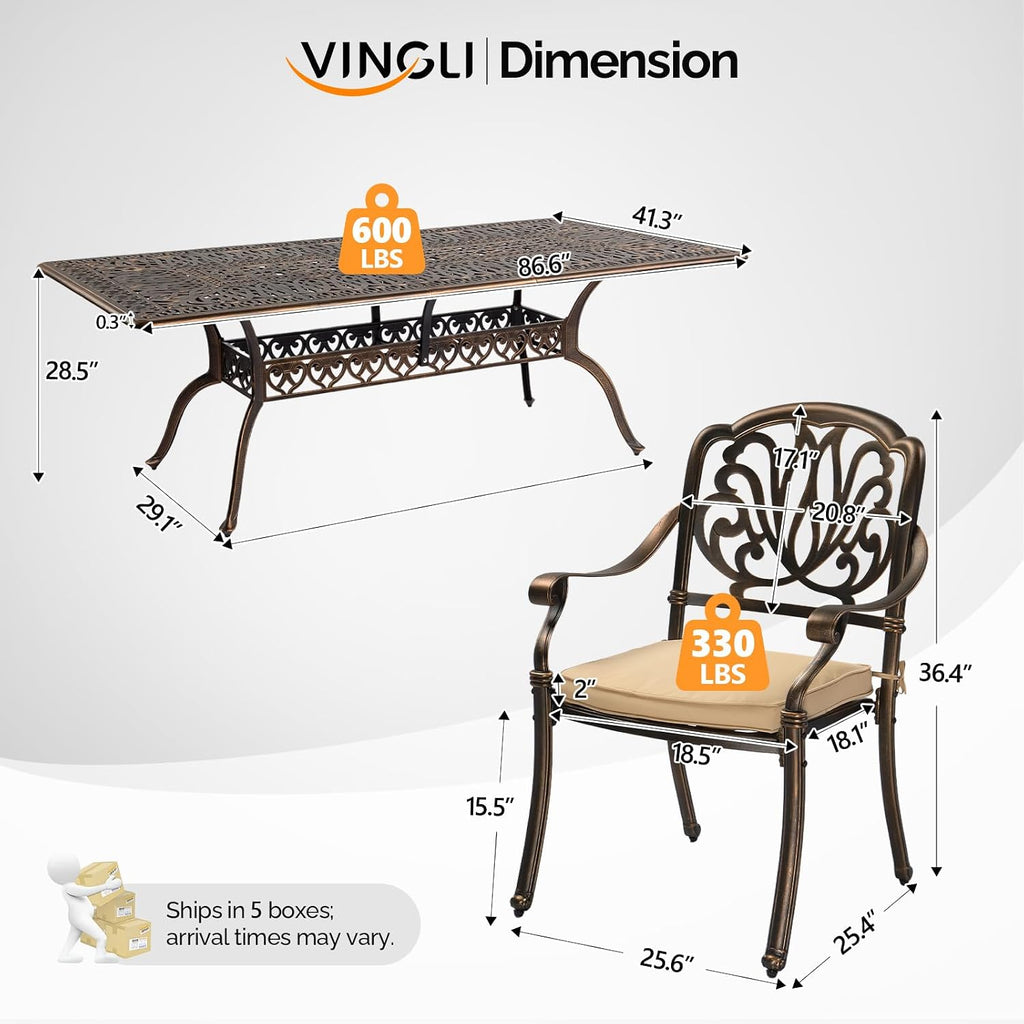 VINGLI 9 Pieces Outdoor Dining Set, Cast Aluminium All-Weather Patio Dining Set for 8 with Umbrella Hole, Outdoor Dining Table and Chairs with Cushion for Yard, Garden, Porch and Poolside, Bronze
