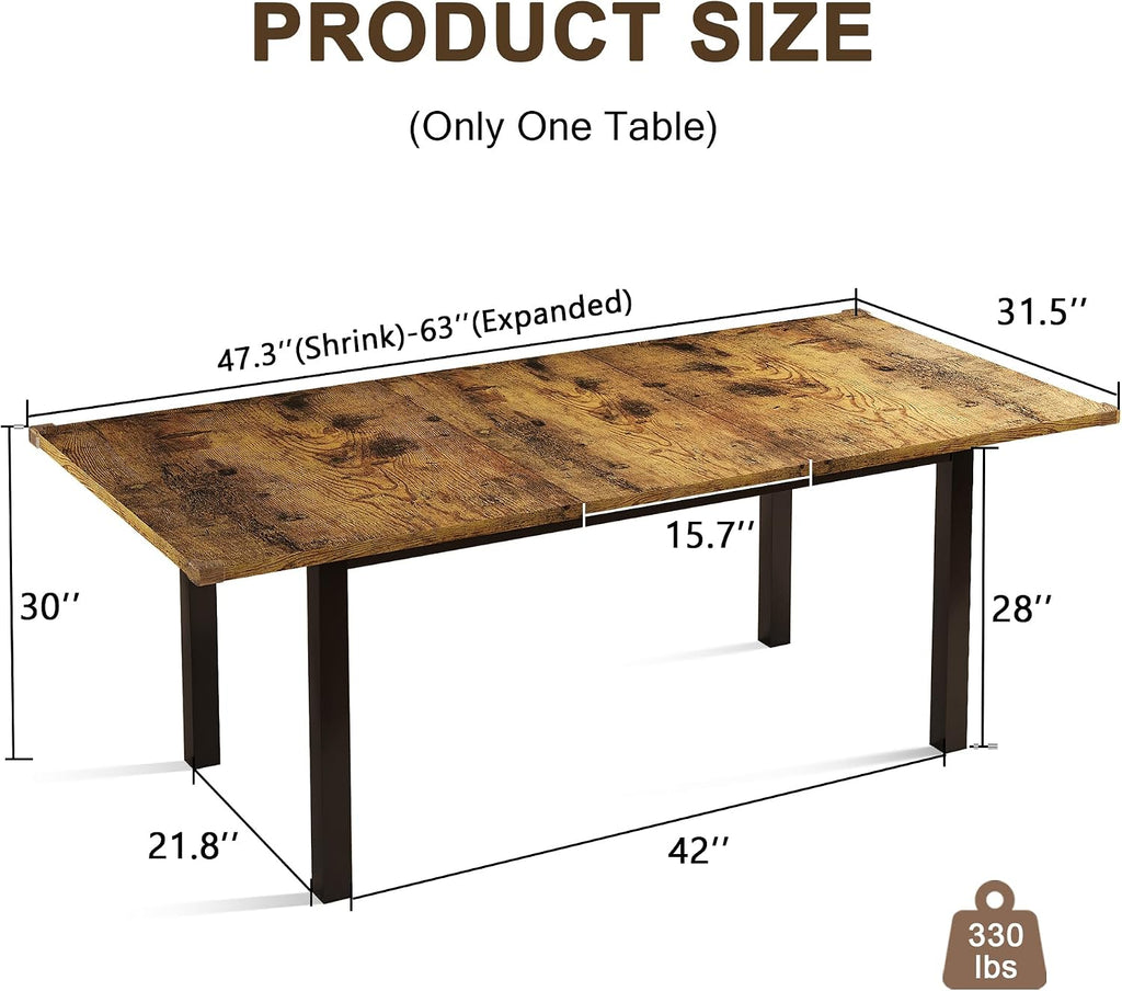 Einhomn Extendable Dining Table for 4-6, 63' Modern Kitchen Table, Farmhouse Dining Room Tables for Dining, Kitchen, Office, Living Room, Rectangular Wooden Tables, Space Saving (Rustic Brown)