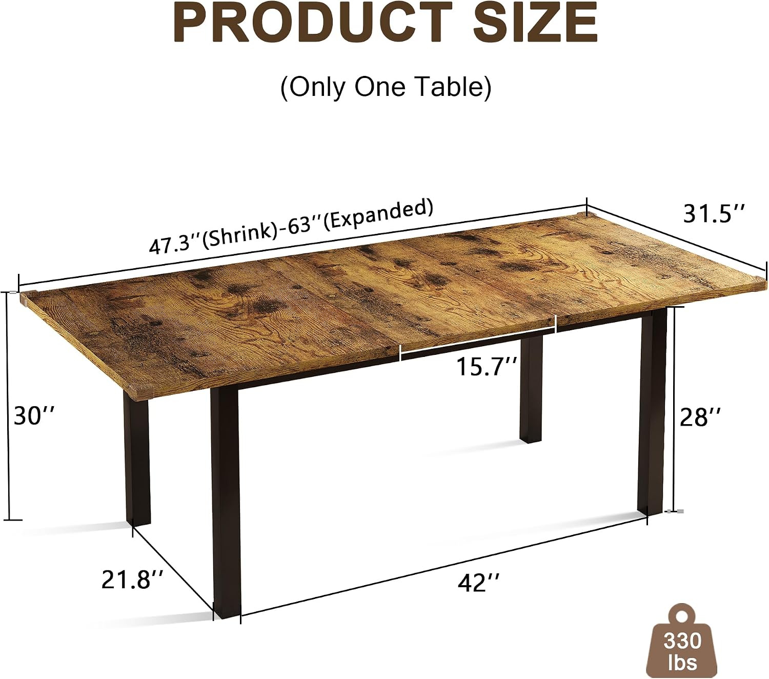 Einhomn Extendable Dining Table for 4-6, 63' Modern Kitchen Table, Farmhouse Dining Room Tables for Dining, Kitchen, Office, Living Room, Rectangular Wooden Tables, Space Saving (Rustic Brown)