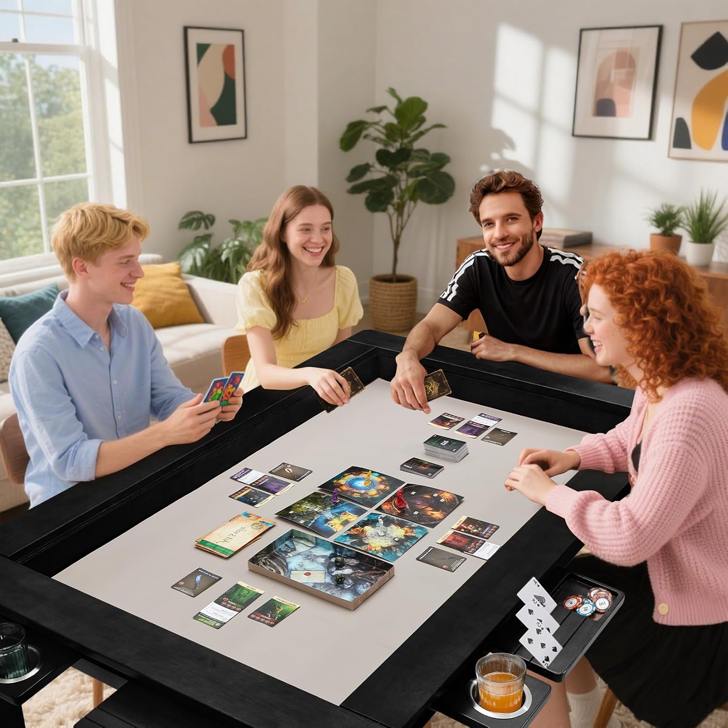 Haddockway 63' ×39' Board Game Table with Removable Top, Solid Wood Dining/Gaming Table for 4-6 Players with Play Mat, 6 Detachable Cup Holders & 6 Hobby Trays (Black)