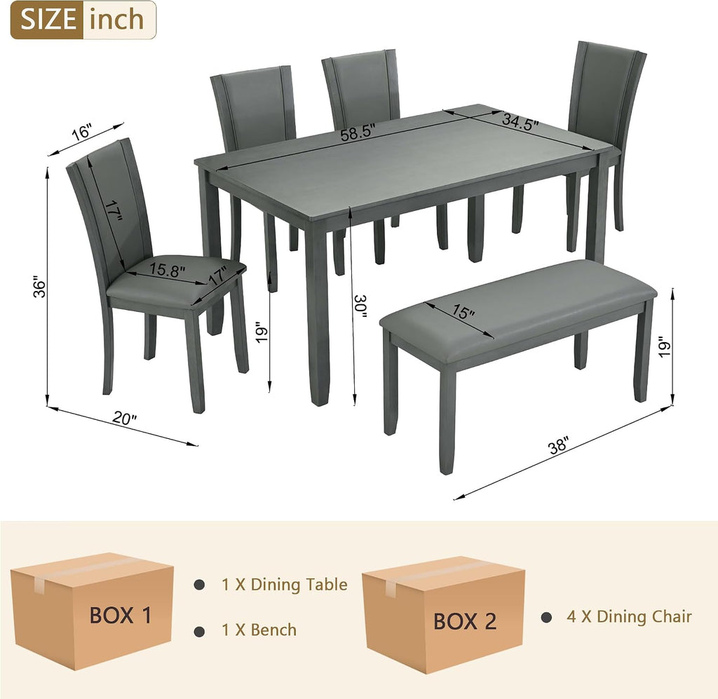 KEIKI 6-Piece Standard Height Dining Table Set with Rectangular Table, 4 Upholstered Chair, Bench, for 6 Person, Farmhouse Rustic Style Table Set, Easy Assembly, for Kitchen, Dining Room, Gray
