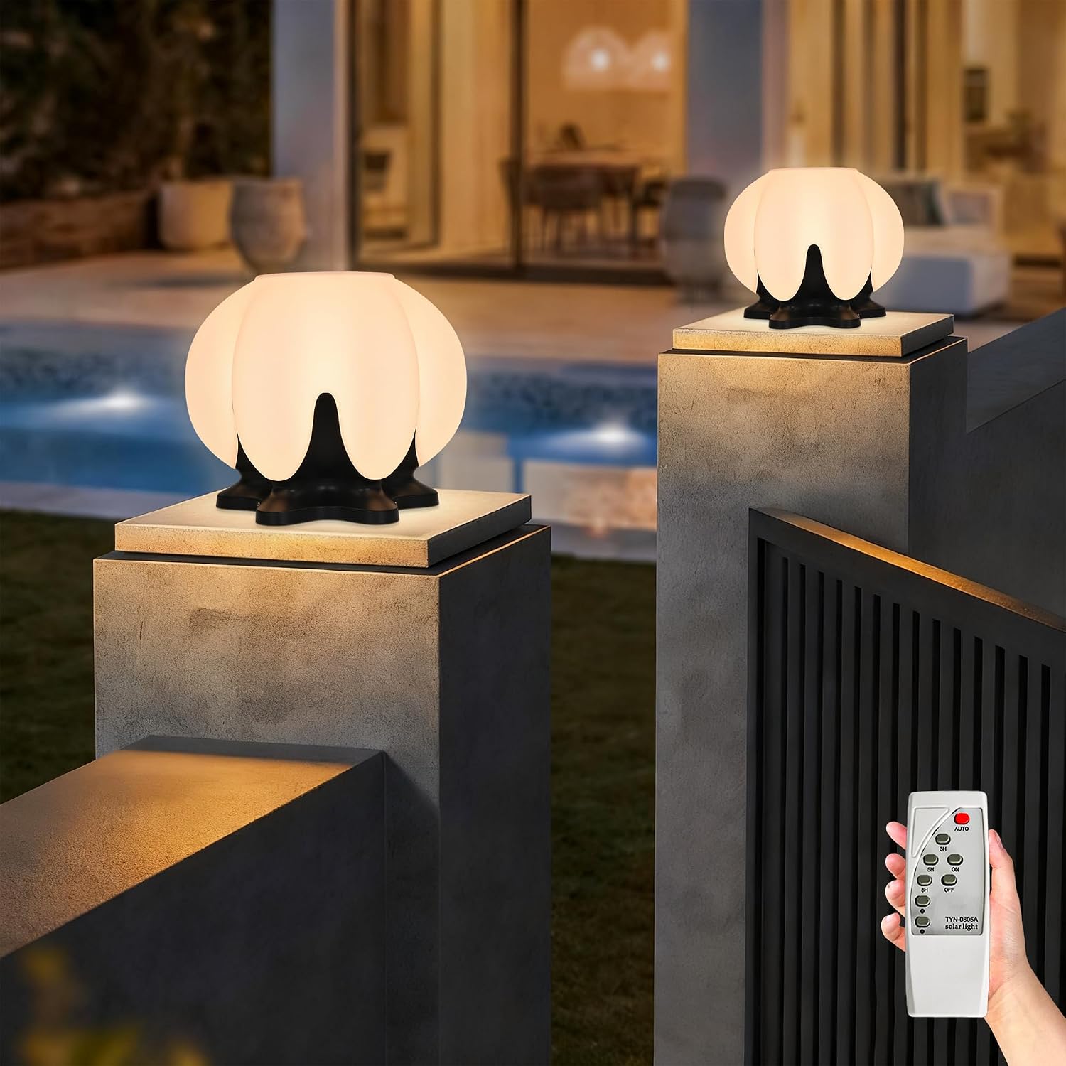 Solar Post Lights with Remote Control, Modern Pillar Light Dusk to Dawn IP54 Waterproof Solar Post Cap Lights with 3200K LED Outdoor Light Fixture for Garden Deck Patio Outside Lighting (Cloud)