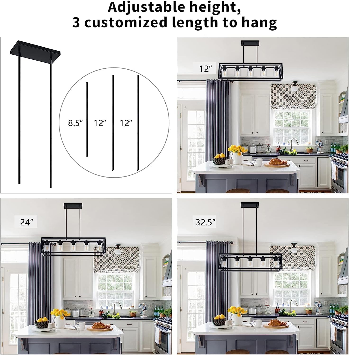 Farmhouse Dining Room Light Fixture - 5 Light Matte Black Rectangle Light Fixture with Adjustable Height & Thickened Metal Dining Table Fixture Chandeliers for Dining Room&Kitchen Island