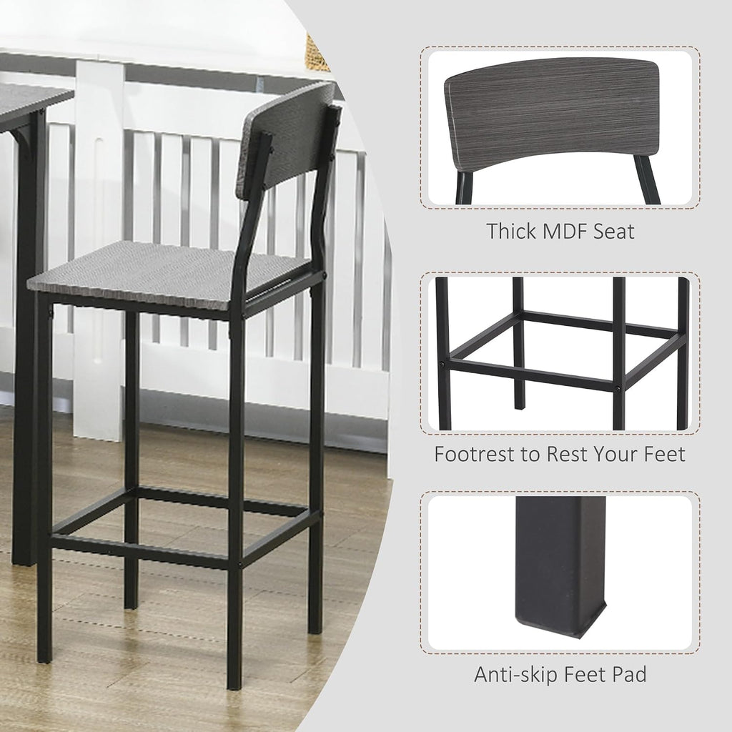 HOMCOM 5-Piece Counter Height Bar Table with Space-Saving Design, Square Kitchen Table and Chairs Set with Footrest, Metal Legs, Industrial Dining Table Set for 4, Gray