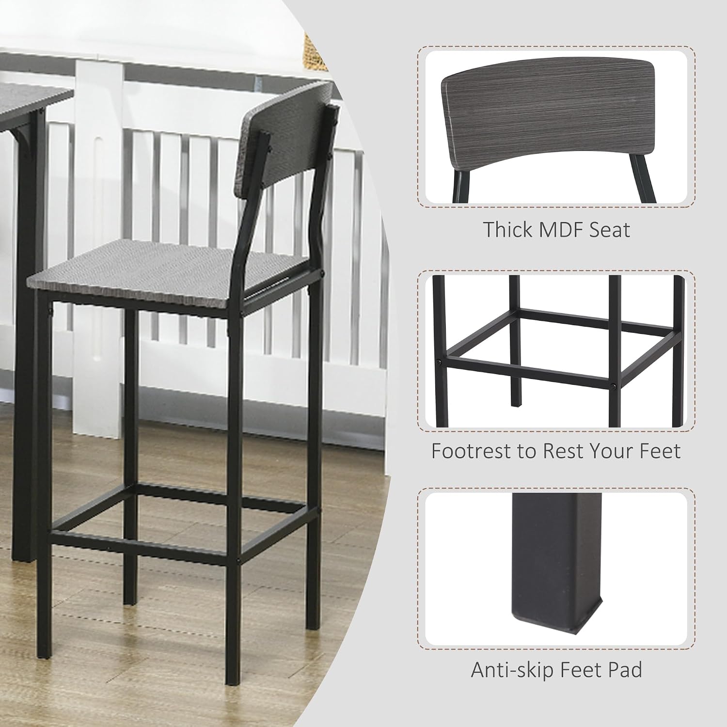 HOMCOM 5-Piece Counter Height Bar Table with Space-Saving Design, Square Kitchen Table and Chairs Set with Footrest, Metal Legs, Industrial Dining Table Set for 4, Gray